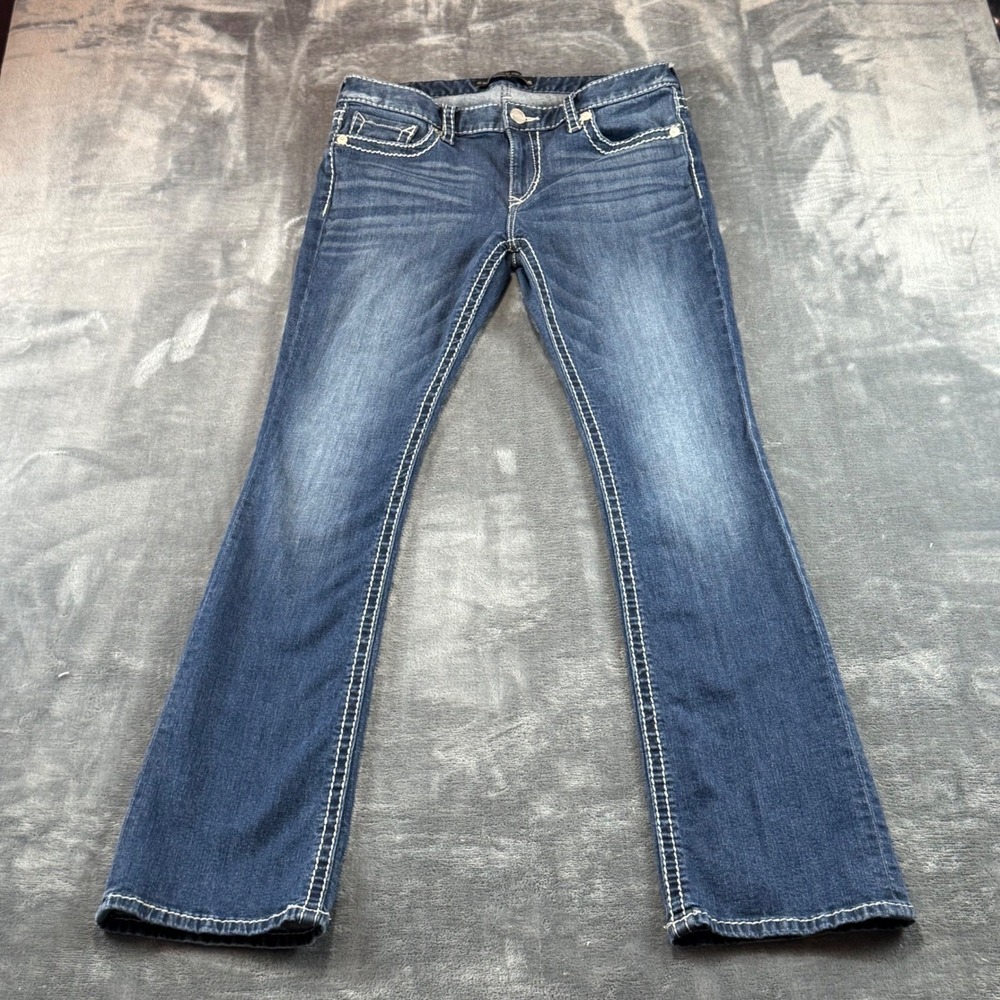 Express Barely Boot Low Rise‎ Jeans Dark Wash Thick White Stitching 10L Womens